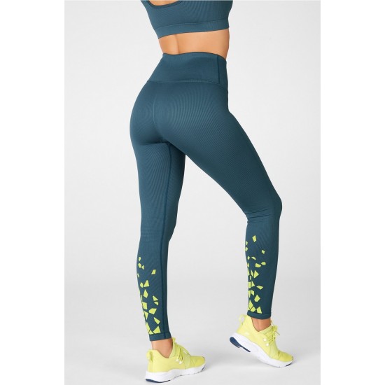 High-Waisted Seamless Rib Yoga Legging Celestial Blue/Tonal Celestial Blue/Sour Apple