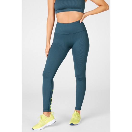 High-Waisted Seamless Rib Yoga Legging Celestial Blue/Tonal Celestial Blue/Sour Apple